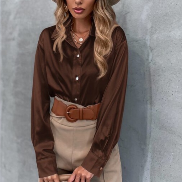 Black Classic button up Satin Boyfriend Work Top Minimalist - Picture 5 of 16